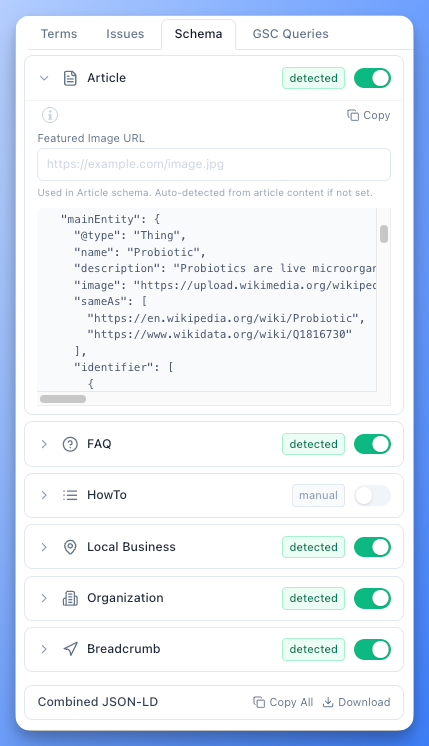 Entity Schema generator linking article entities to their Wikipedia, Wikidata, and Google Knowledge Graph identifiers in the Article JSON-LD