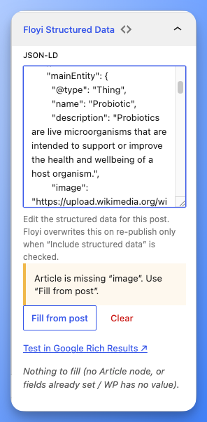 Structured Data panel in the WordPress editor showing editable JSON-LD schema with live validation from the Floyi Connect plugin
