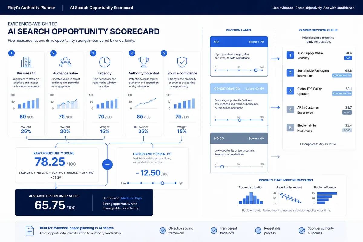 Evidence-weighted AI search opportunity scorecard with GO, conditional, and NO GO decisions