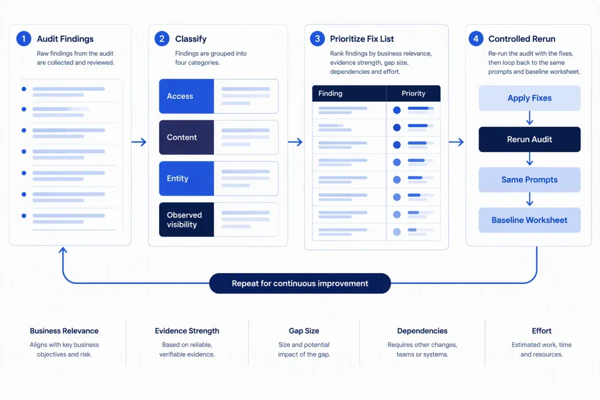 AI visibility audit findings classified and ranked into a prioritized fix list
