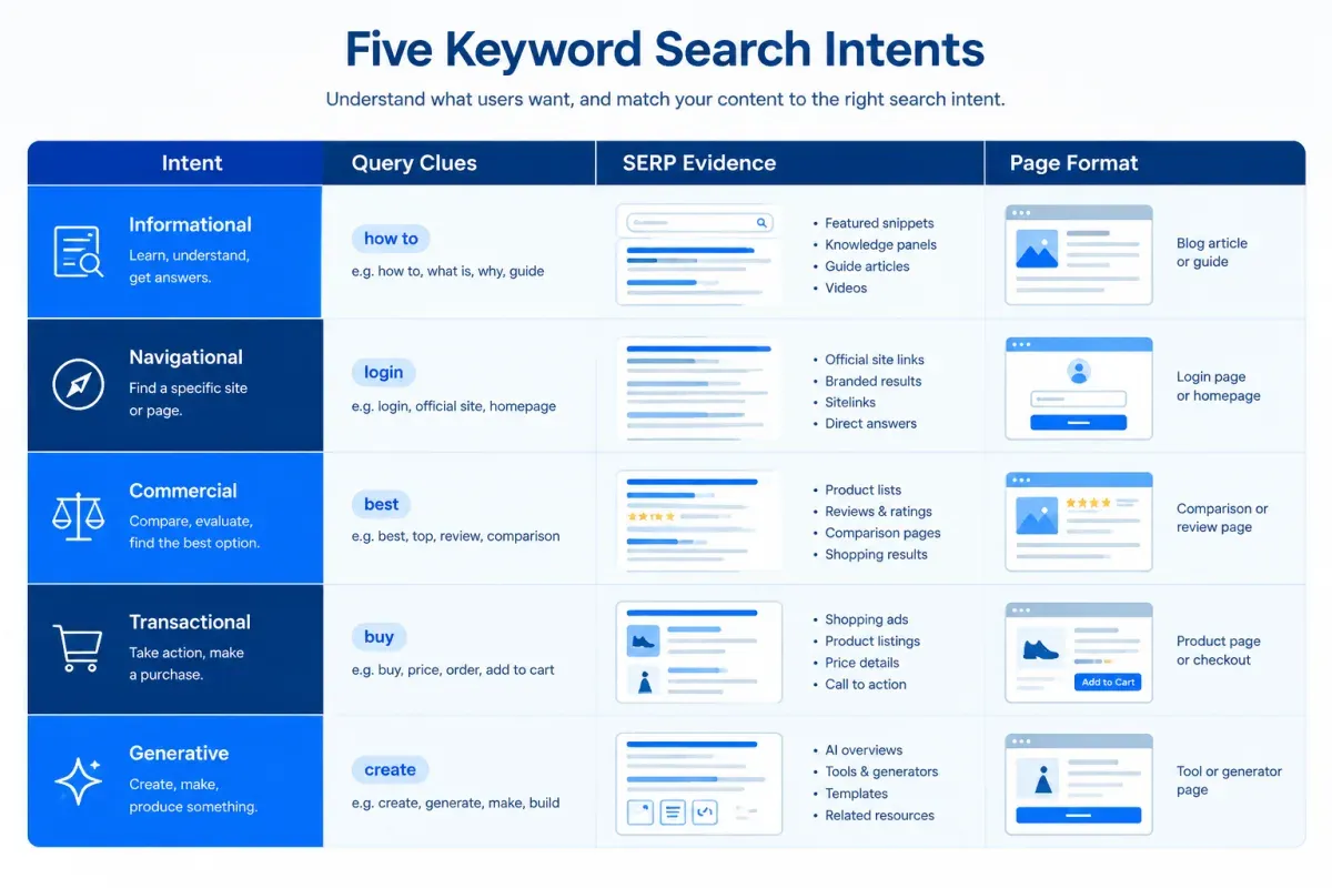 Five search intent types with keyword clues, SERP signals and page formats