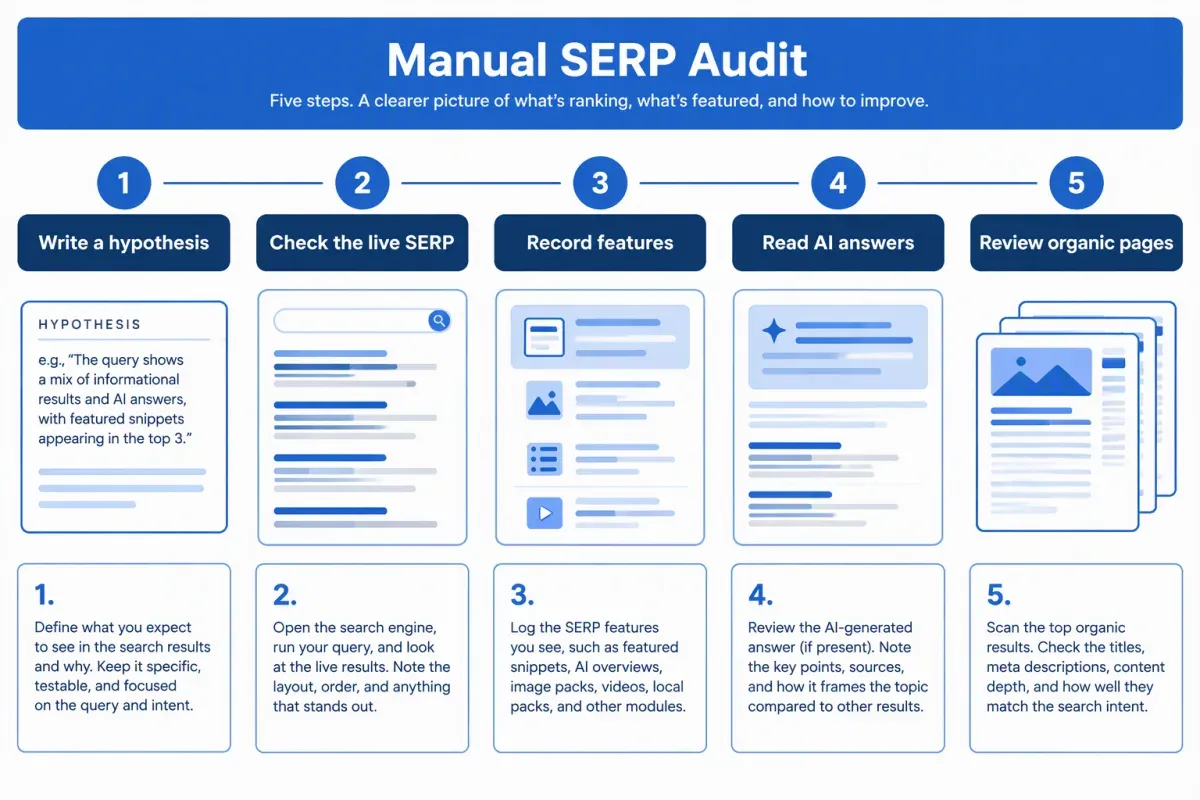 Five-step SERP audit for identifying query answer types and choosing page formats