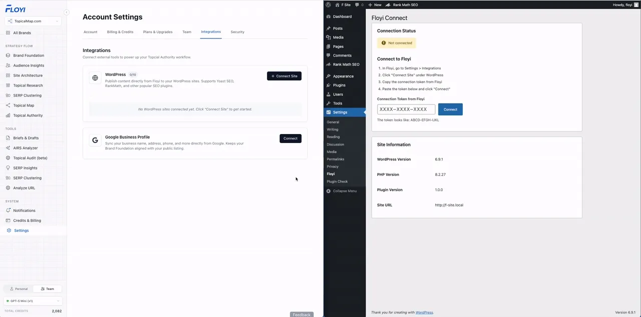 Animated demo showing how to copy the Floyi Connect token and connect a WordPress site