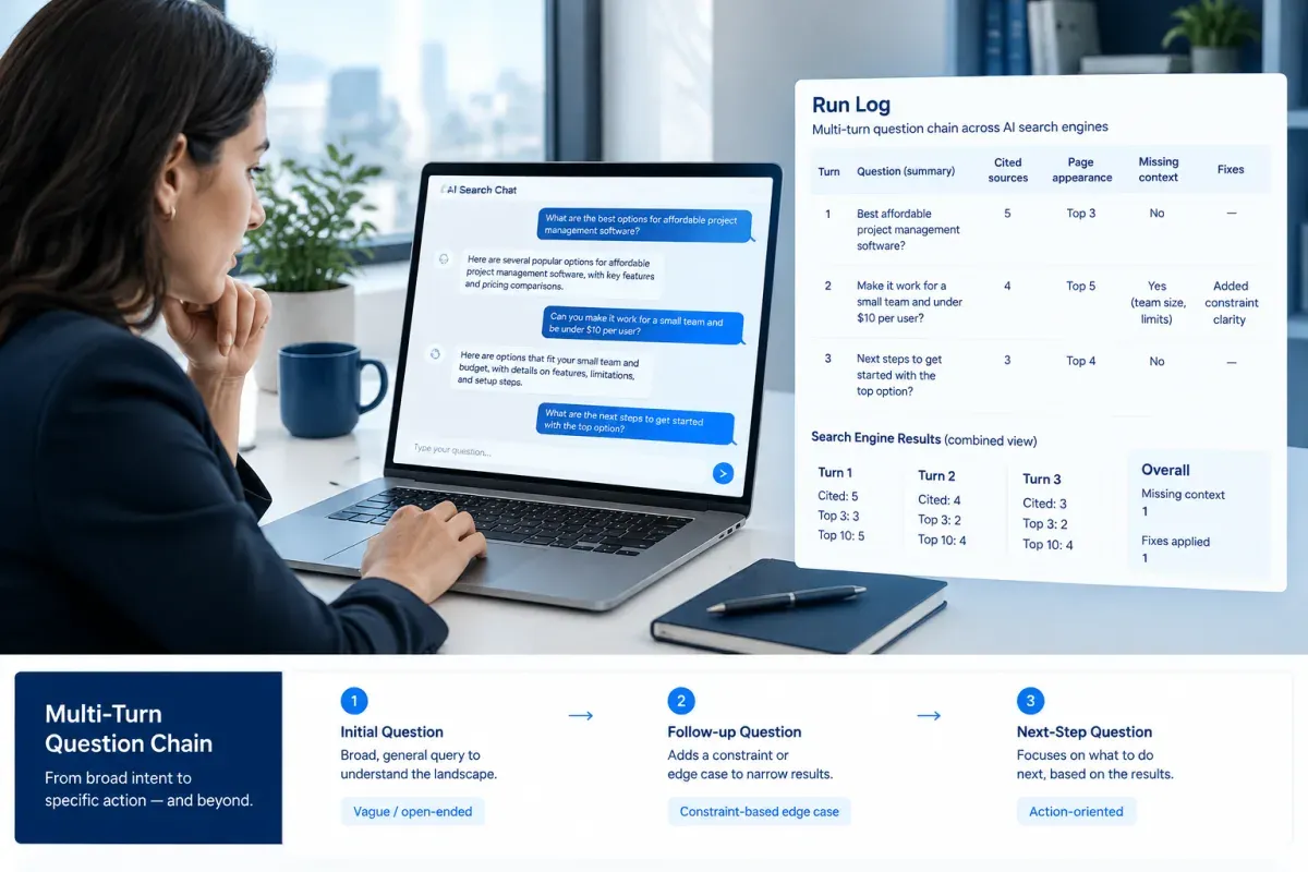 Testing conversational follow-up query chains in AI search engines with an SEO run log