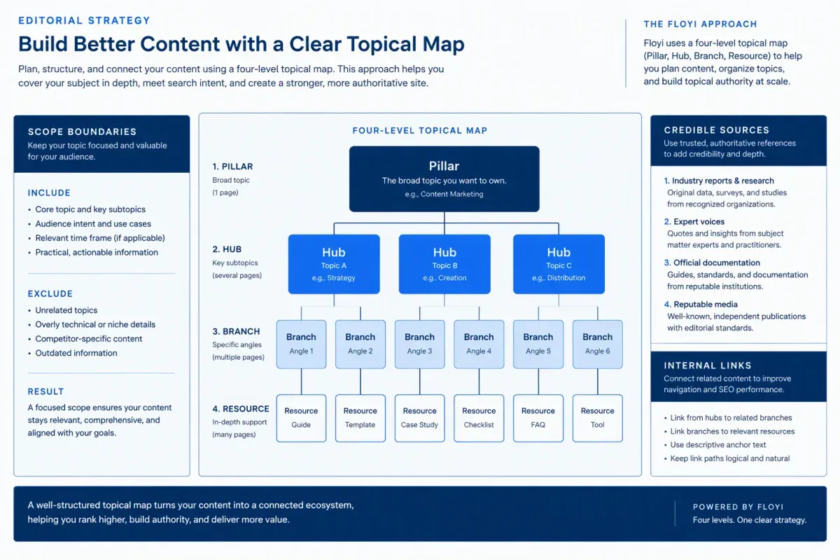 Four-level topical map diagram showing Pillar, Hub, Branch, and Resource levels for content brief scope