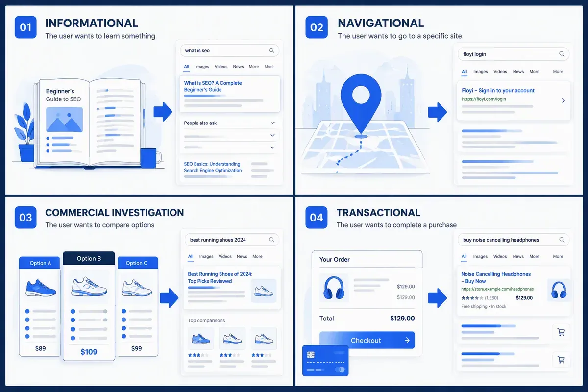 Four search intent types: informational, navigational, commercial, and transactional