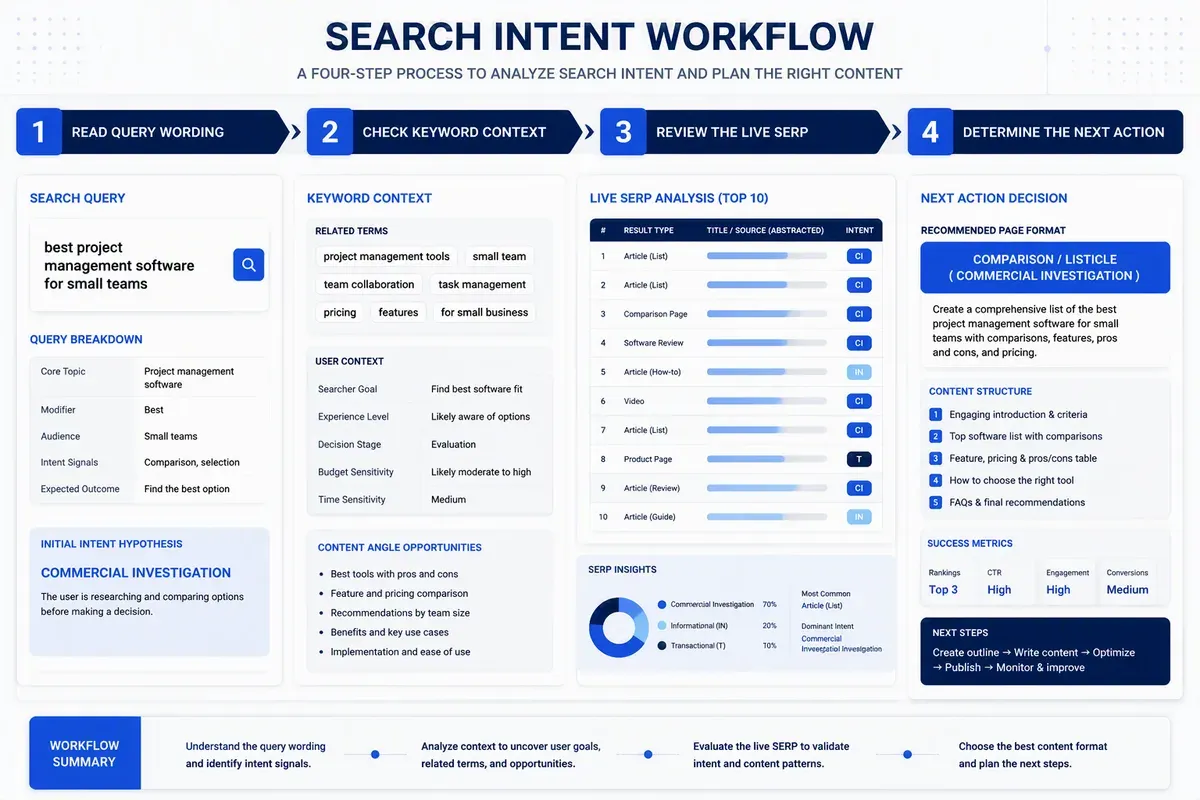 Four-step workflow for identifying search intent from query and SERP evidence
