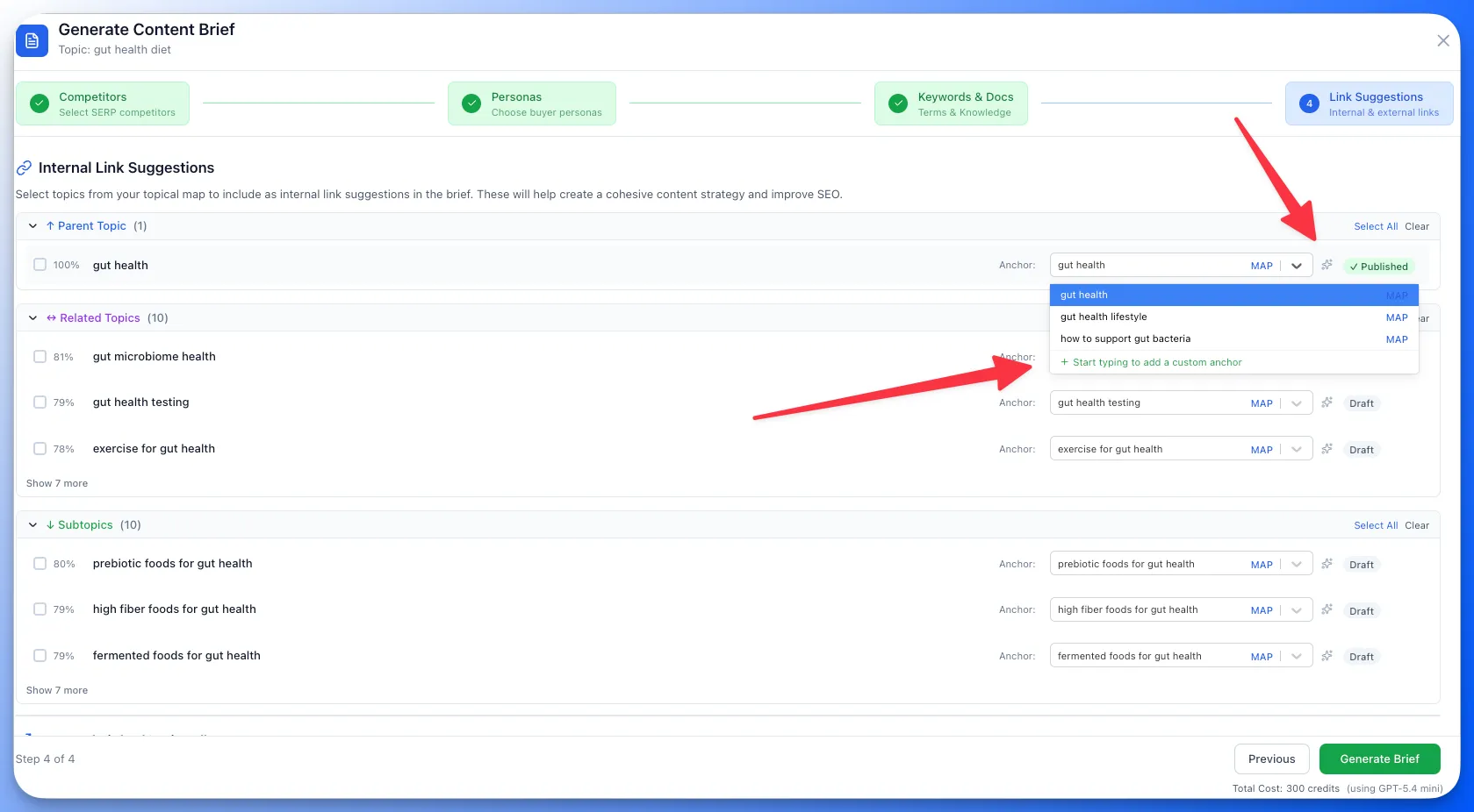 Brief generation modal showing custom anchor text creation and AI anchor generation for internal links
