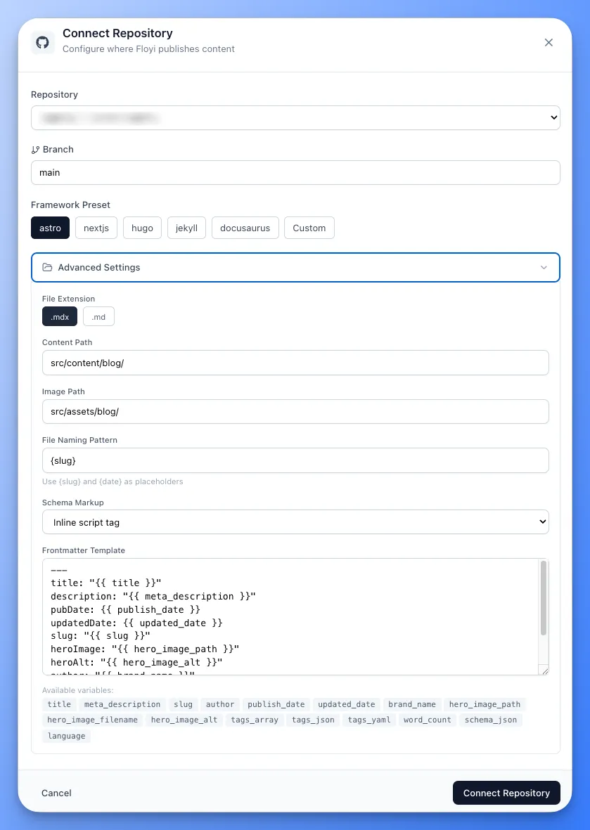 GitHub publishing connection with repository selection, framework presets, and frontmatter configuration