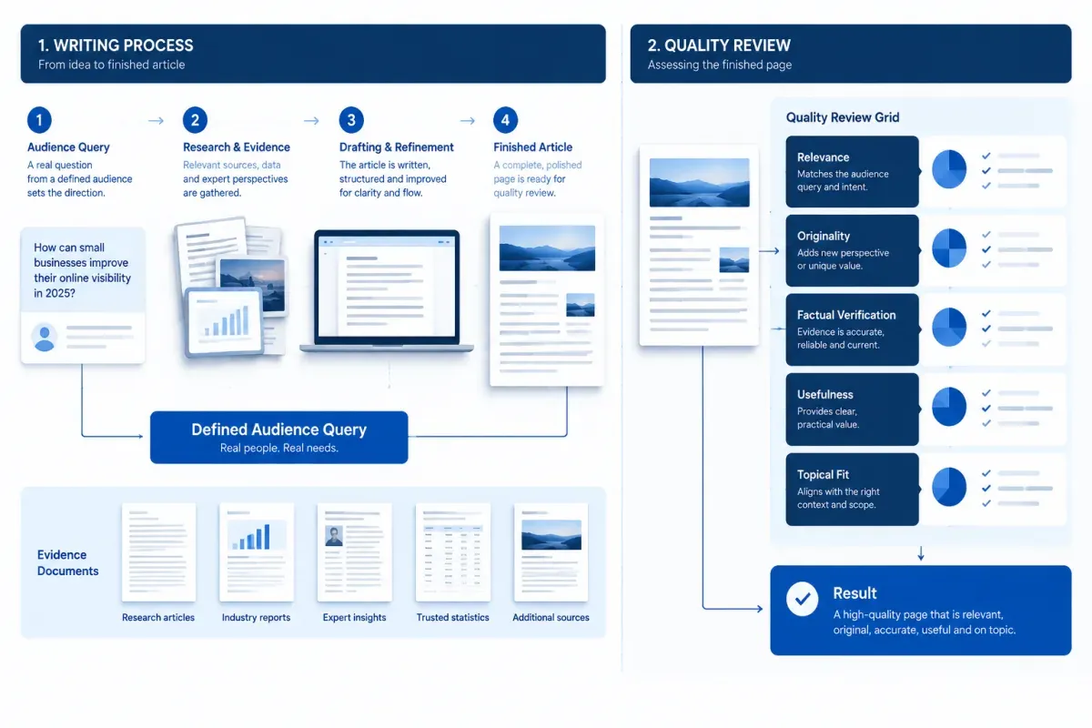 Writing process feeding a quality review grid that checks relevance, originality, factual verification, usefulness, and topical fit