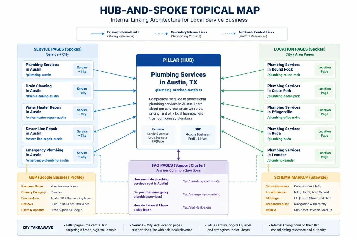 Hub-and-spoke topical map showing pillar, service, and location pages for local SEO