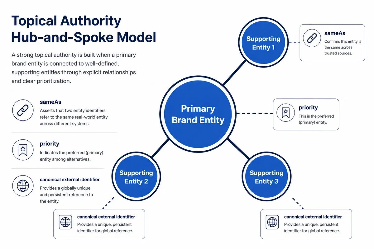 Hub-and-spoke entity map showing primary brand and supporting entities for topical authority