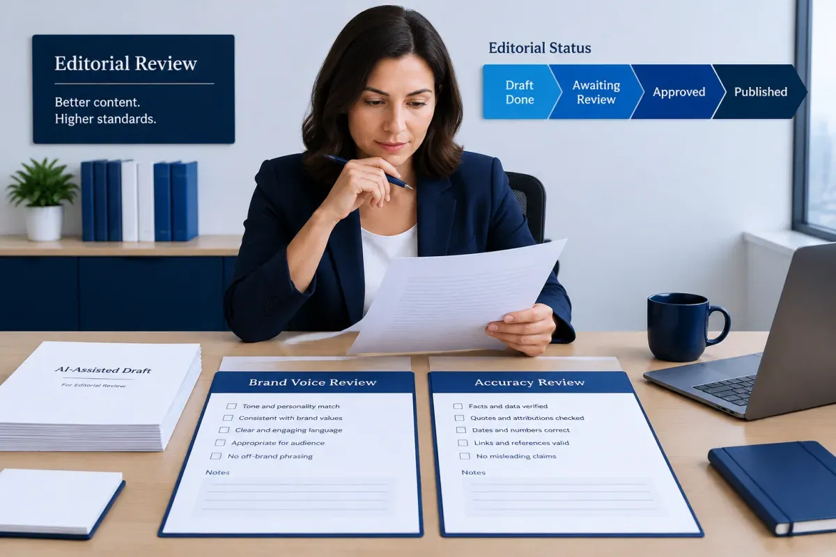 Human review gate checking AI content brand voice, factual accuracy and publishing approval