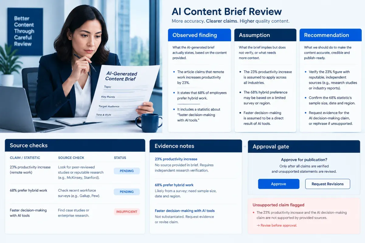 Human review of AI content brief claims, sources, assumptions, and recommendations