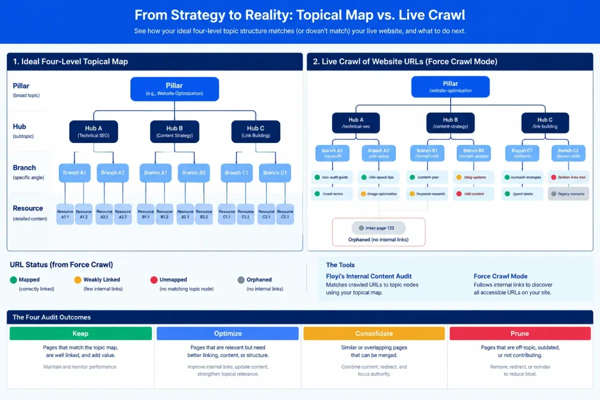 Topical map audit comparing ideal topic clusters with live URLs and orphan pages