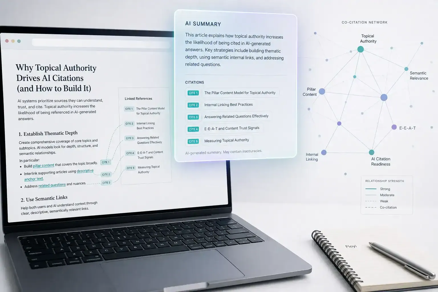 Illustration linking backlink relevance to AI search visibility with citation card