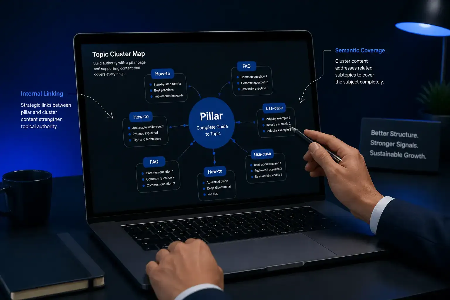 Illustration of a topic cluster map showing pillar and supporting pages for topical authority