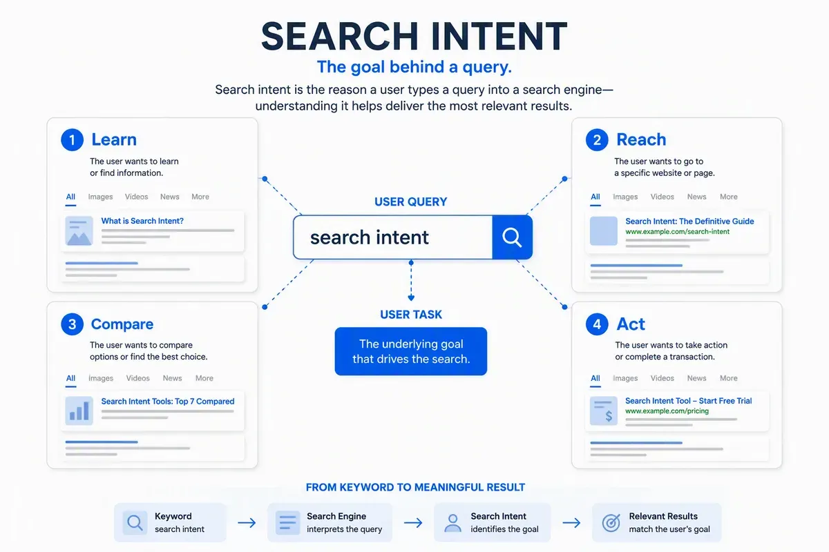 Infographic showing search intent as the goal behind a query