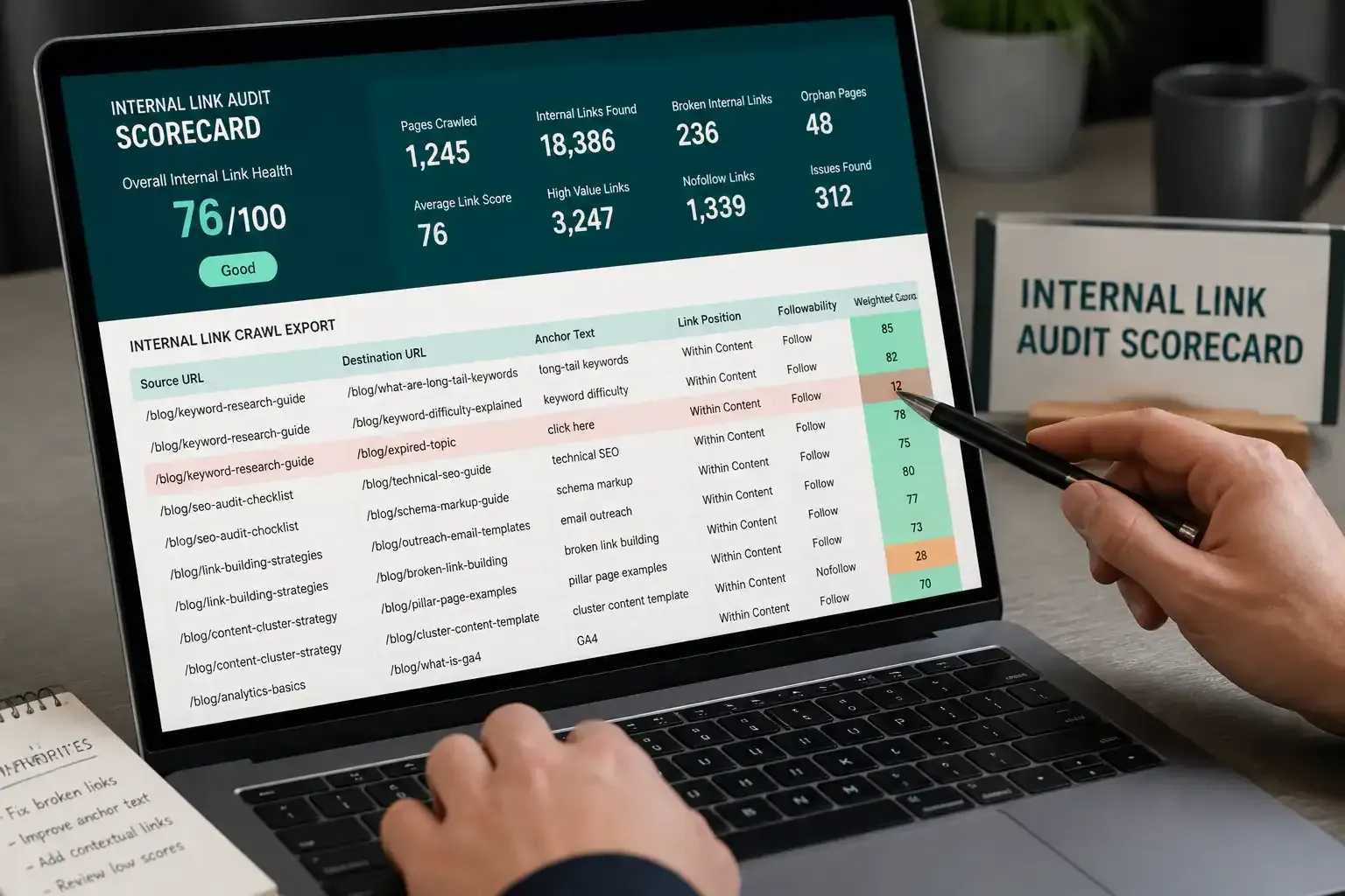 Internal link audit scorecard showing source, destination, anchors, and weighted scores