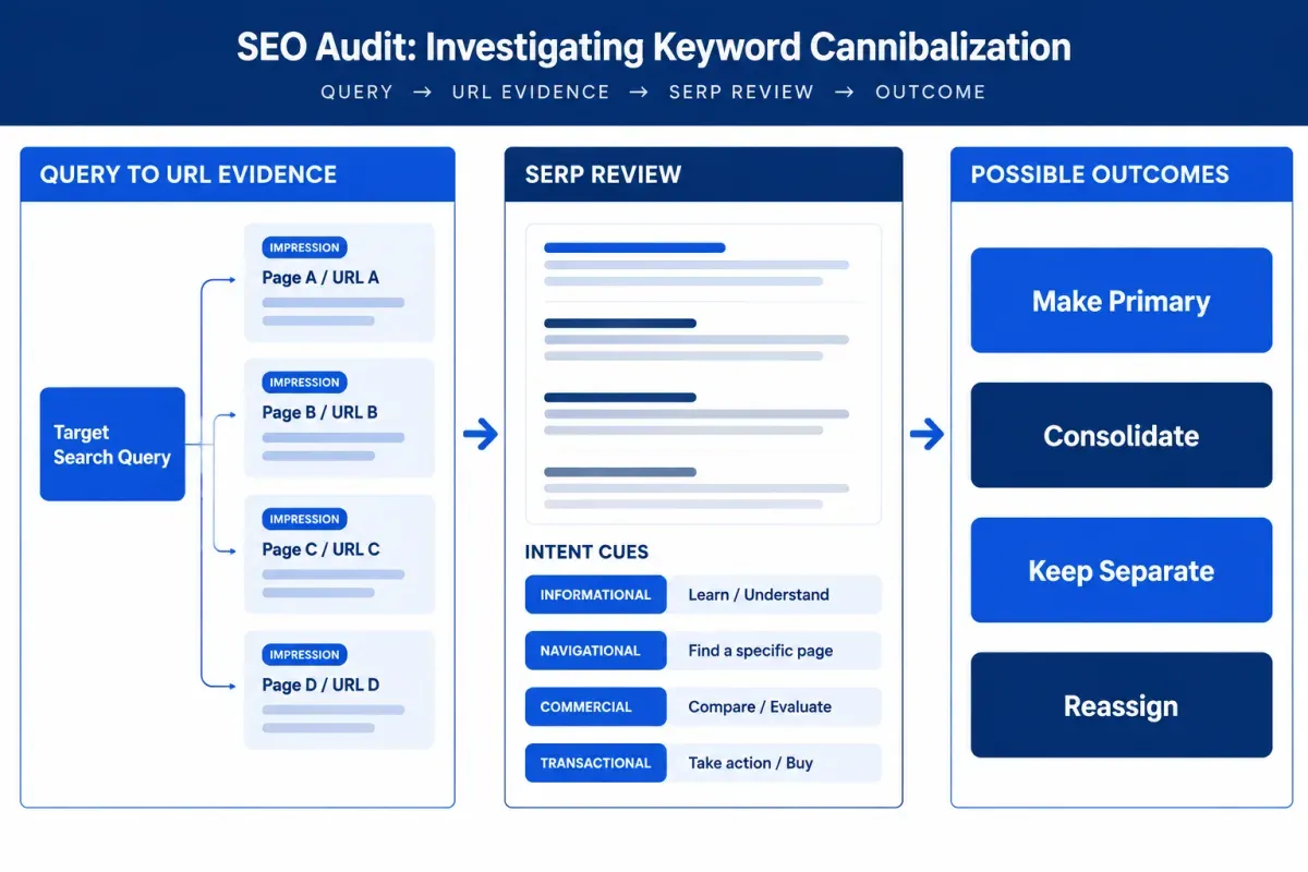 SEO content audit flow from query-to-URL evidence and a SERP intent review to Make Primary, Consolidate, Keep Separate, or Reassign outcomes