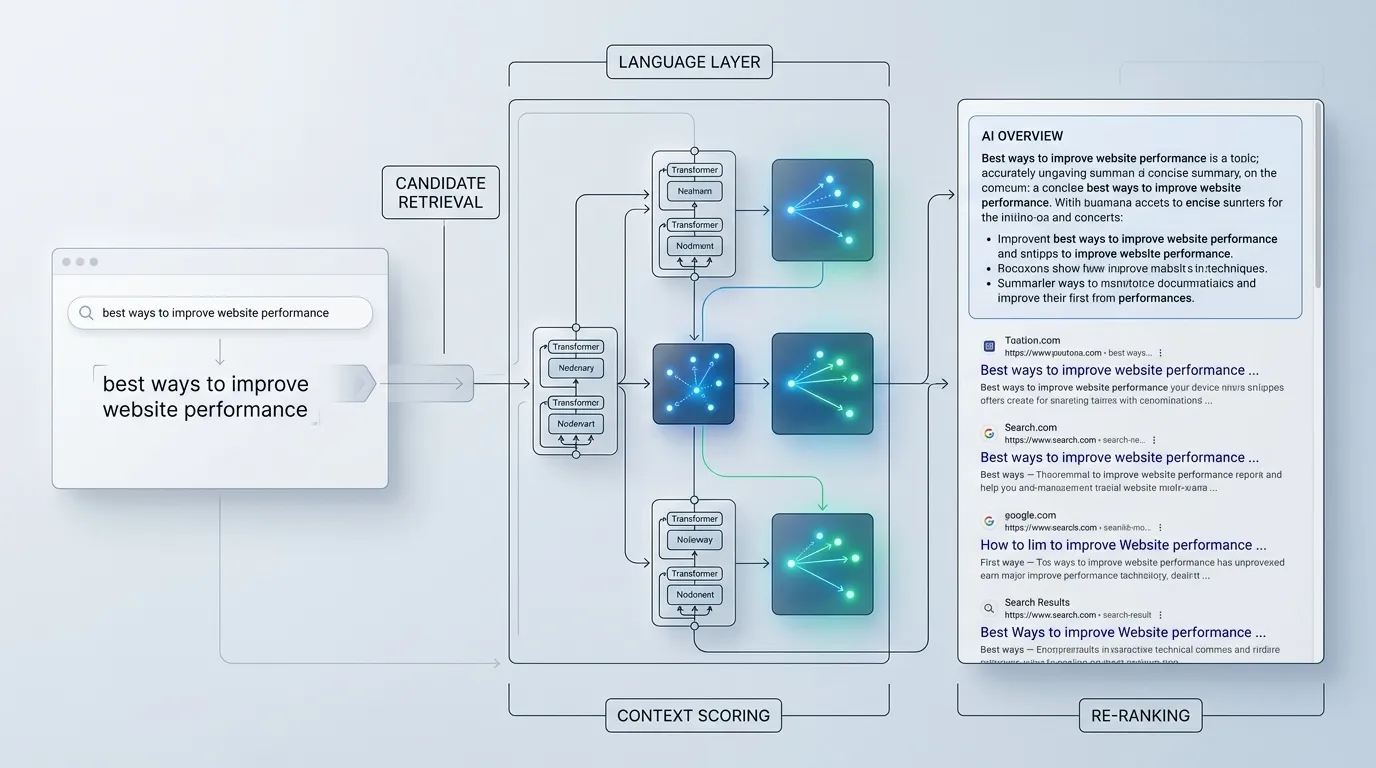 Layered diagram of modern AI search algorithms showing retrieval, context scoring, and re-ranking