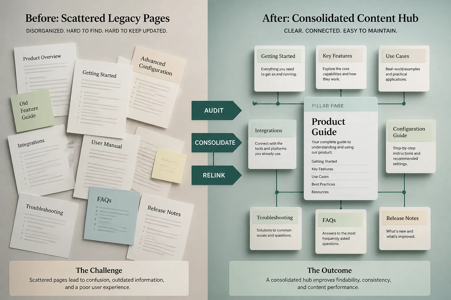 Legacy scattered content versus consolidated AI-ready hub