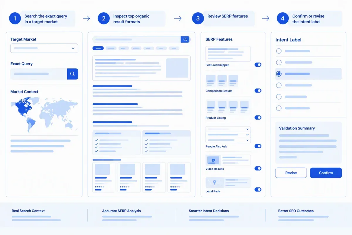 Live SERP analysis workflow for validating keyword search intent labels