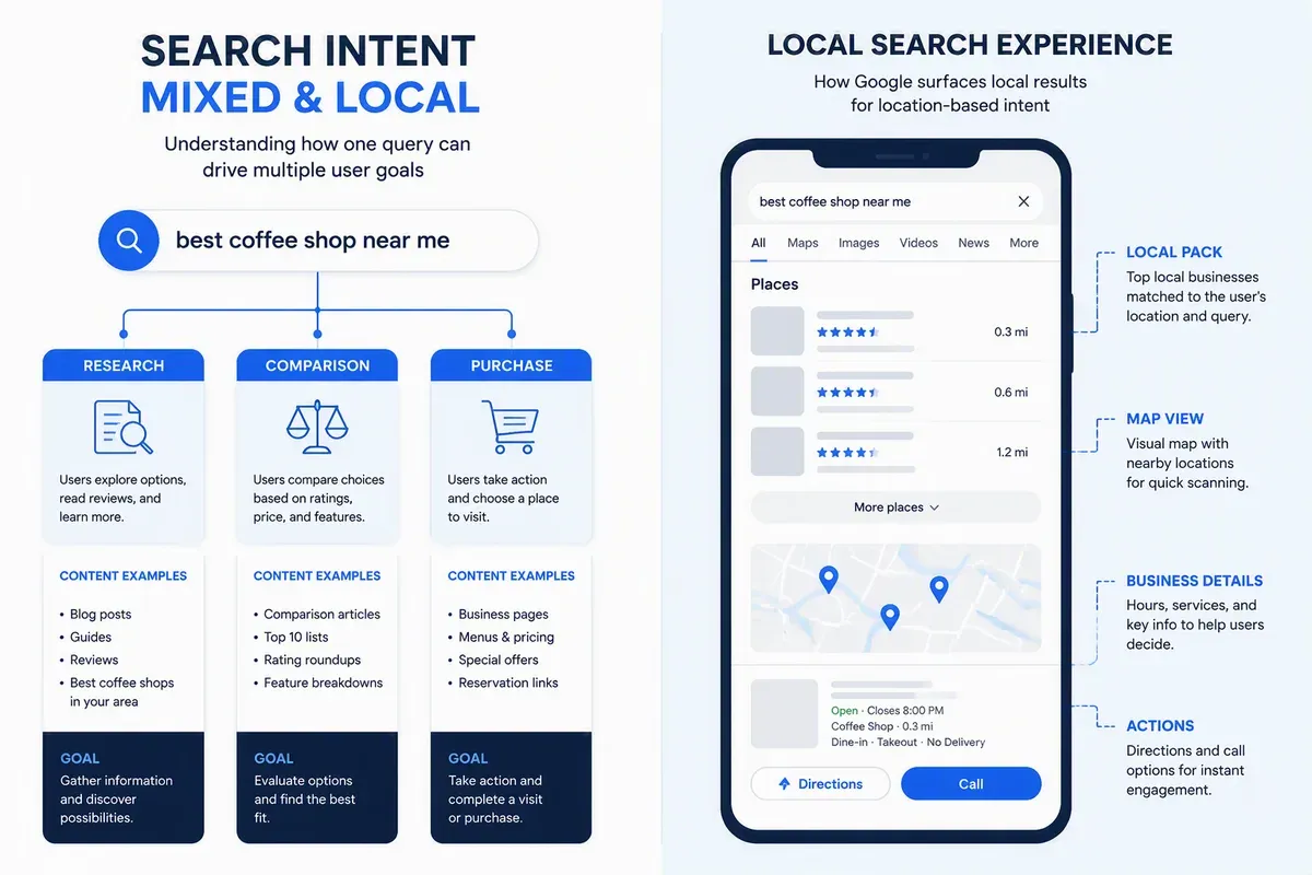 Local and mixed search intent shown through SERP paths and map results
