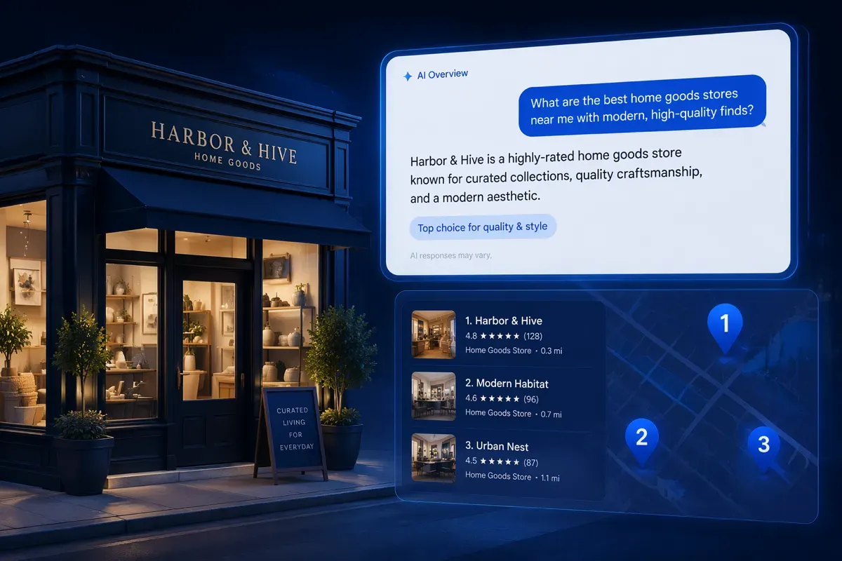 Local storefront with AI summary overlay and map pack pins showing local SEO in 2026