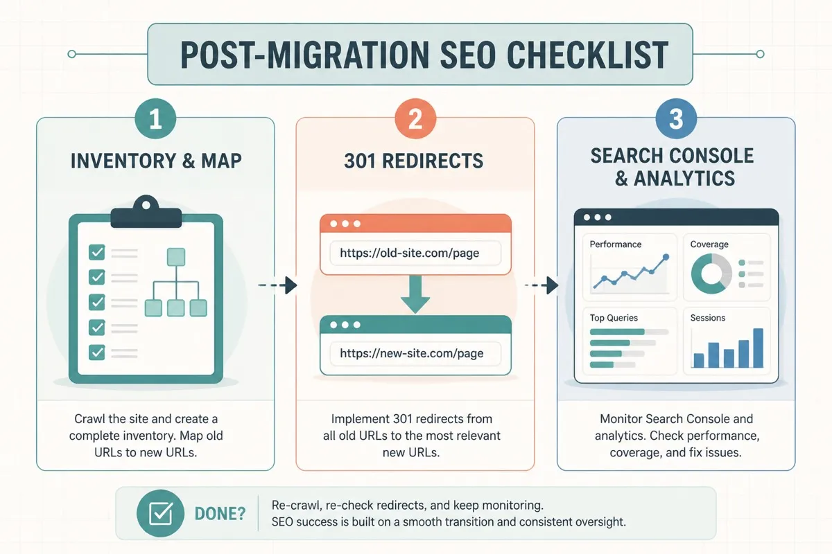 Migration checklist graphic showing mapping, 301 redirects, and Search Console checks