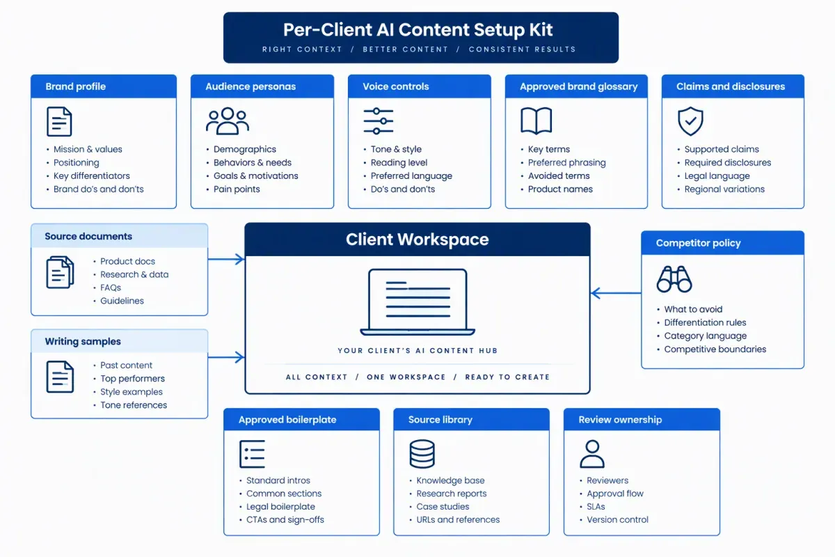 Per-client AI content setup kit for brand voice, approved claims, sources, and reviewers
