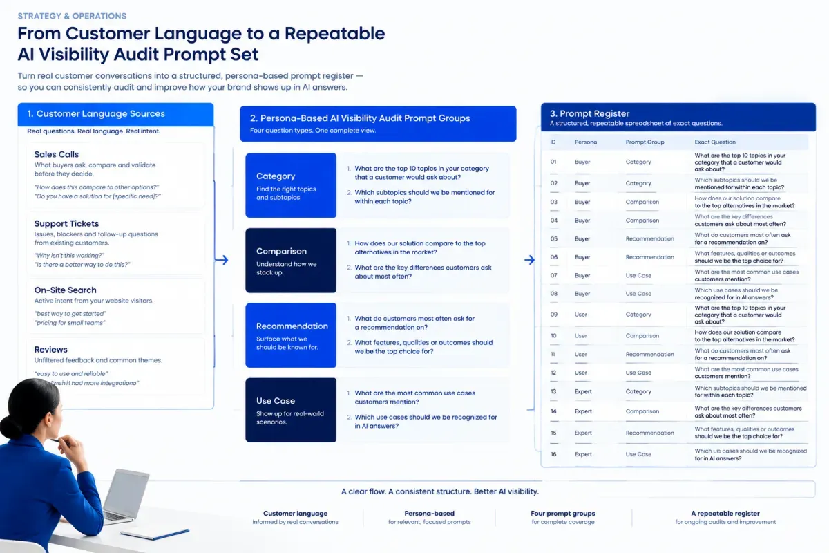 AI visibility audit prompt set organized by customer language source, buyer group, persona, and stable prompt ID