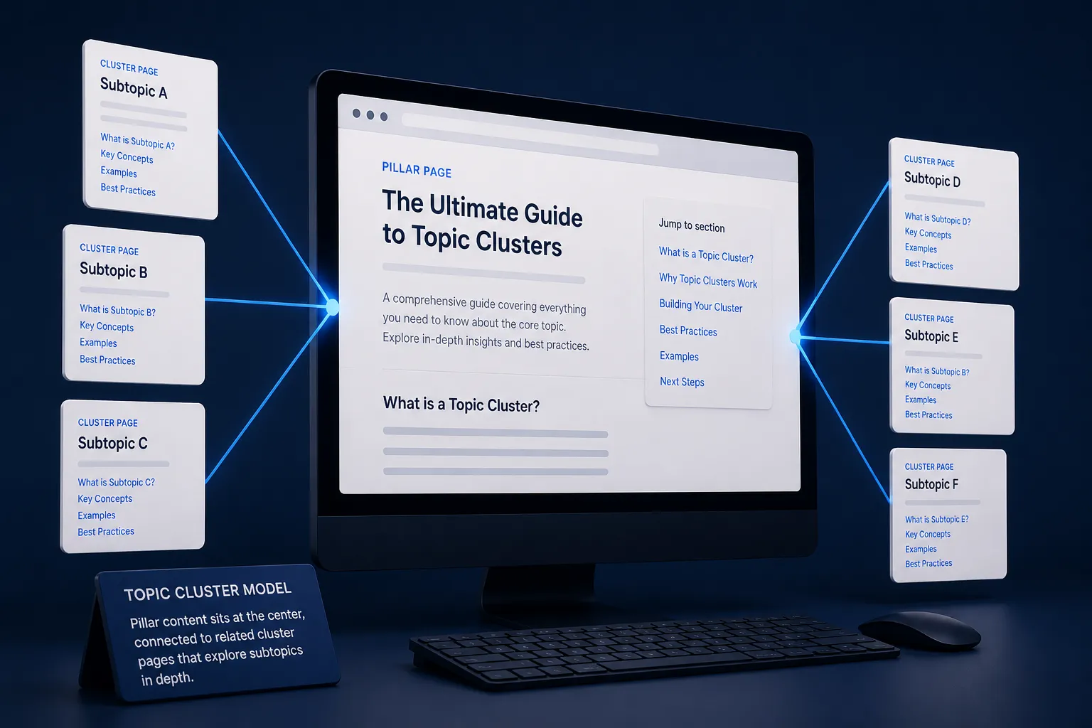 Pillar page hub linking to cluster pages