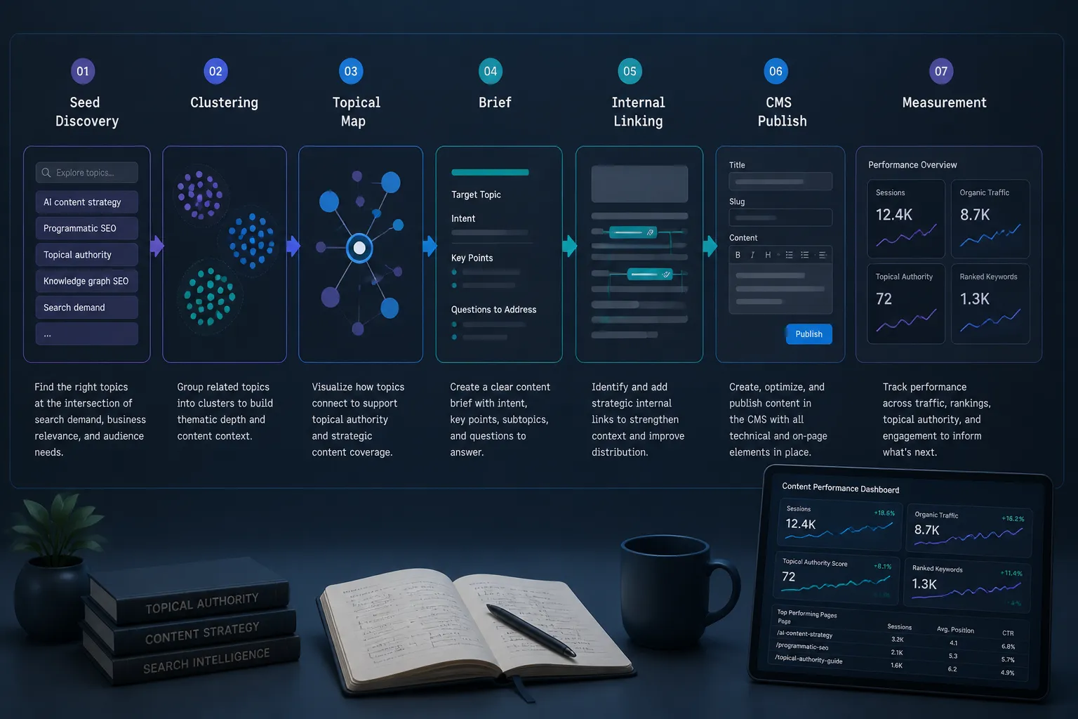 Pipeline from research to publish showing topical map, brief, publish, and metrics