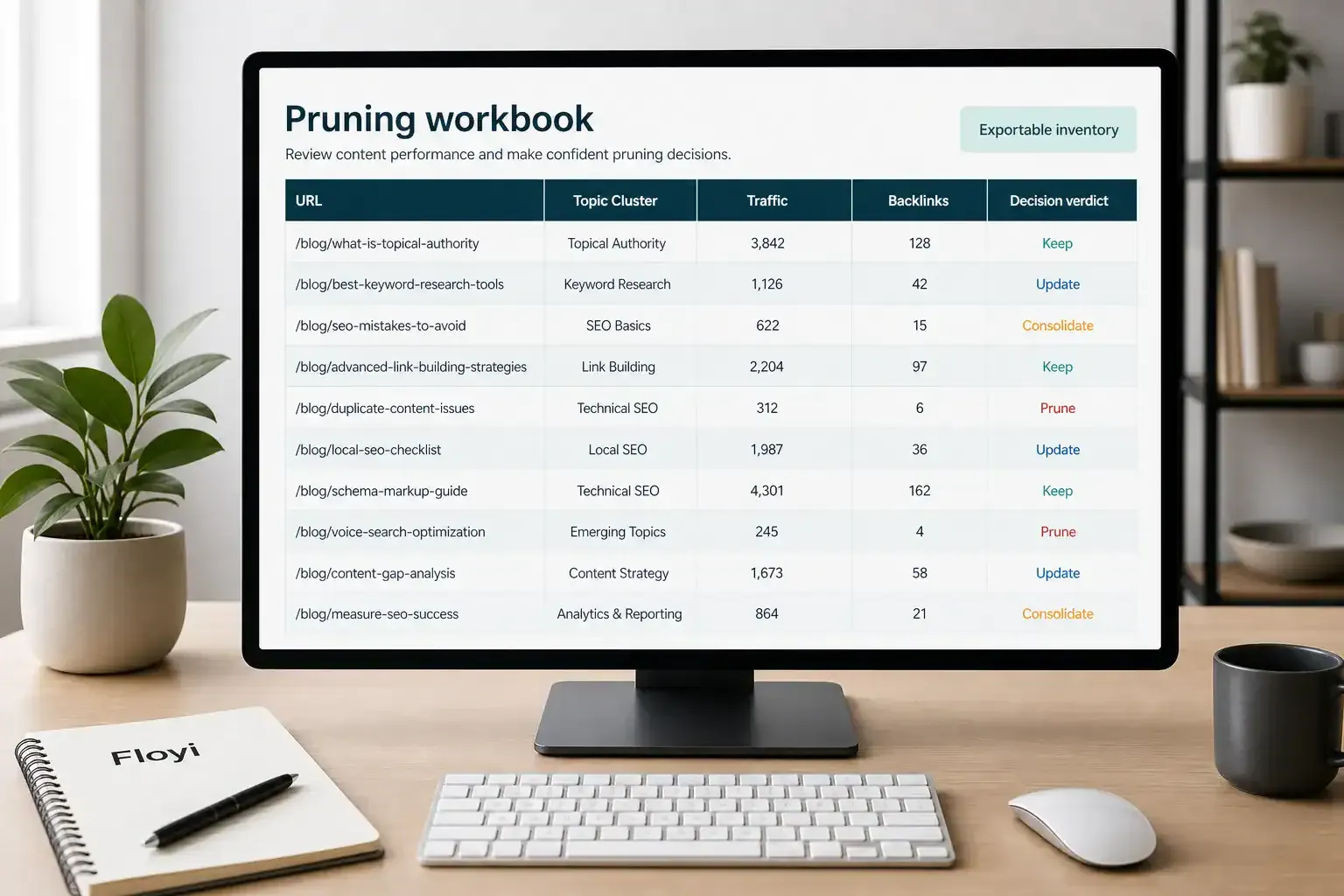 Pruning workbook mockup showing URL to cluster mapping and decision verdicts