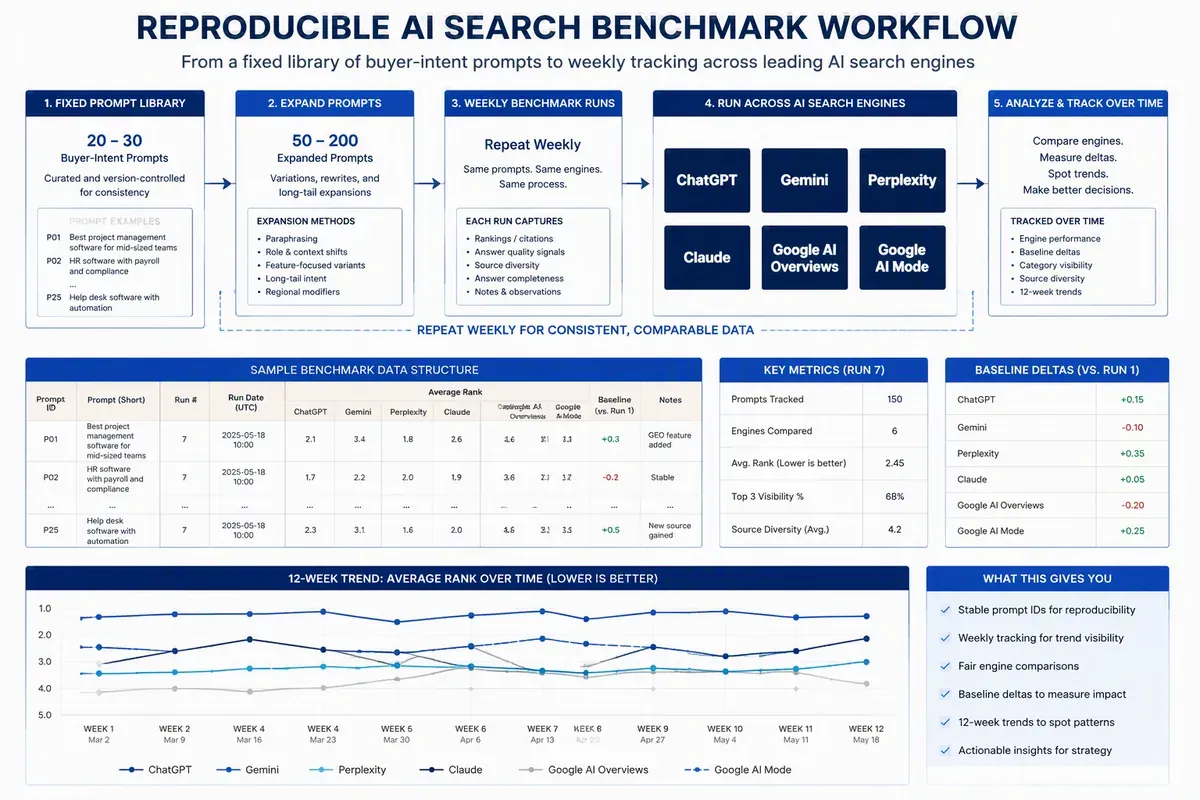 Reproducible AI search benchmark using fixed buyer-intent prompts and weekly runs