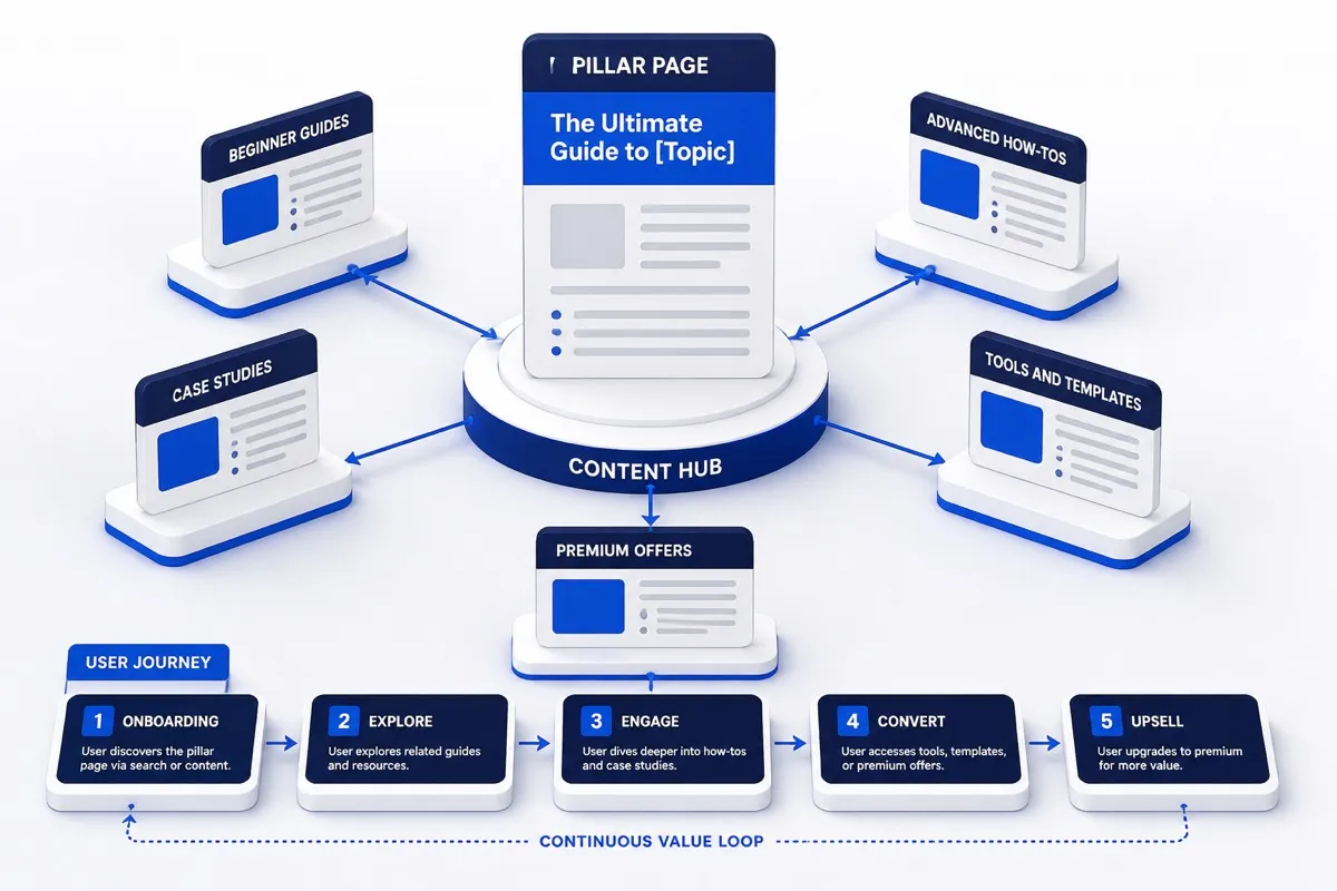 Isometric topic cluster diagram showing content hub progression for retention