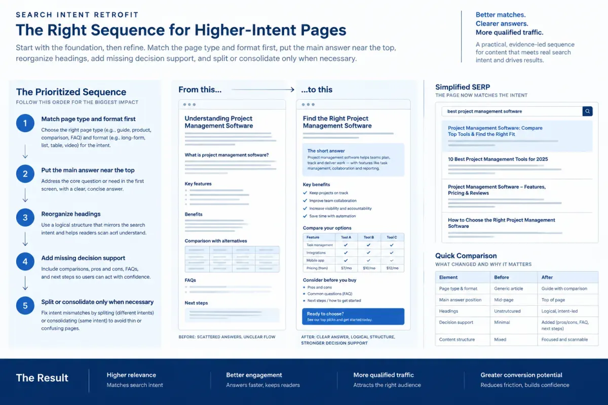 Prioritized search intent fixes for page format, main answer, headings, decision support, and splitting or consolidating pages
