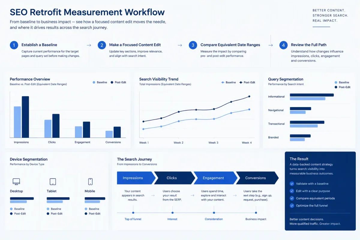 Measure search intent optimization with SEO baselines, clicks, engagement, and conversion data