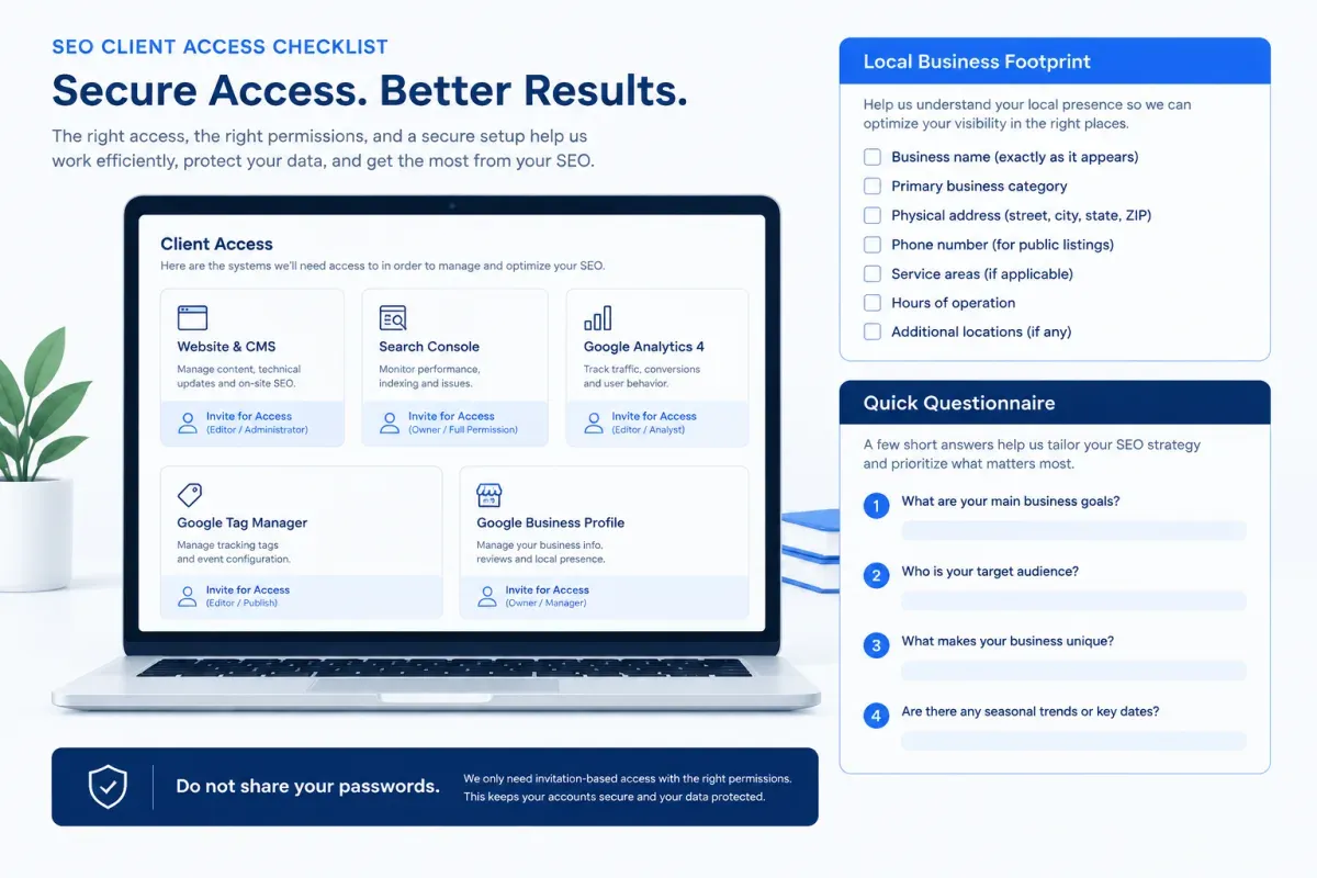 Secure SEO client onboarding access checklist for analytics, CMS and local search