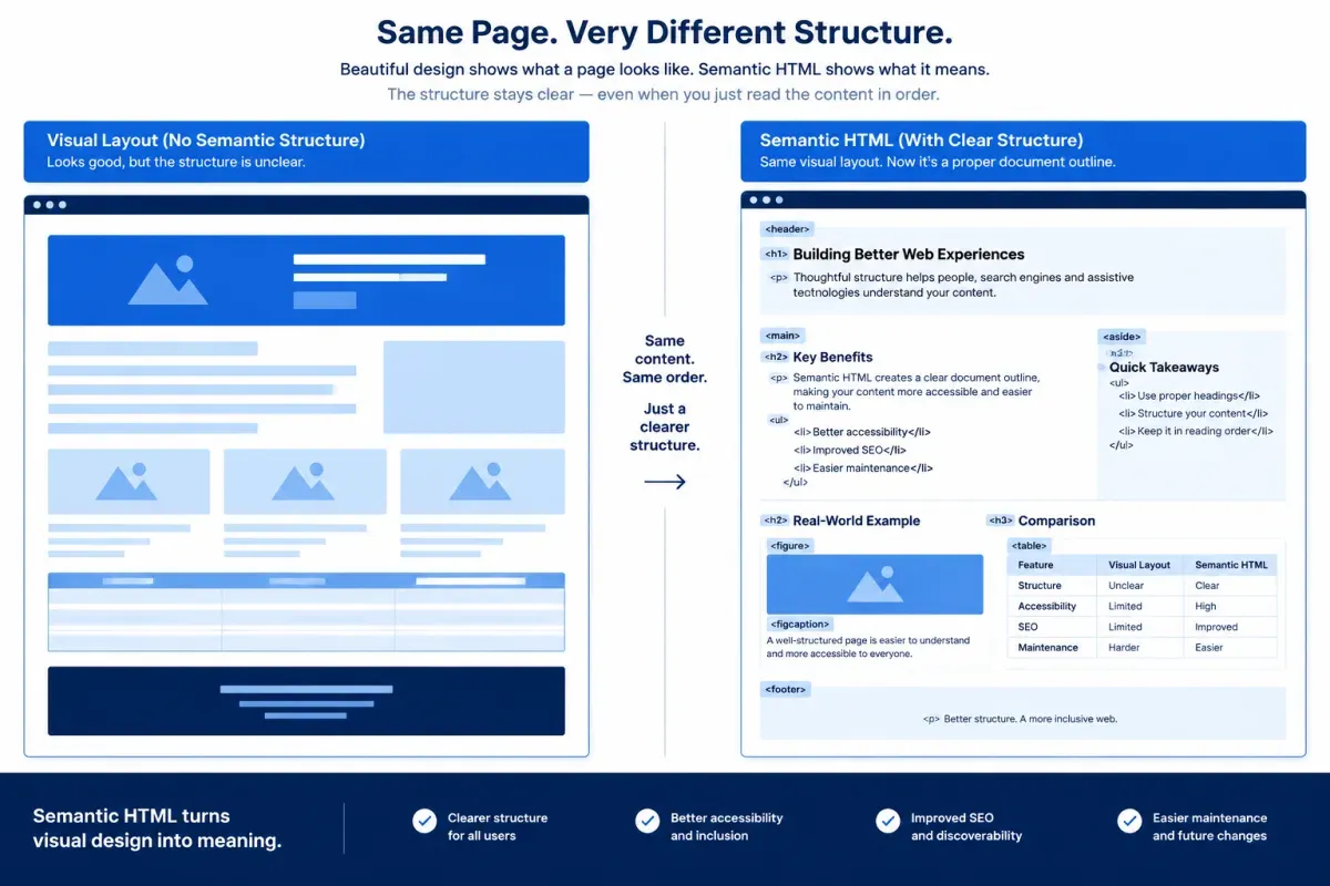Semantic HTML structure diagram showing headings, lists, tables, and captions for AI extraction
