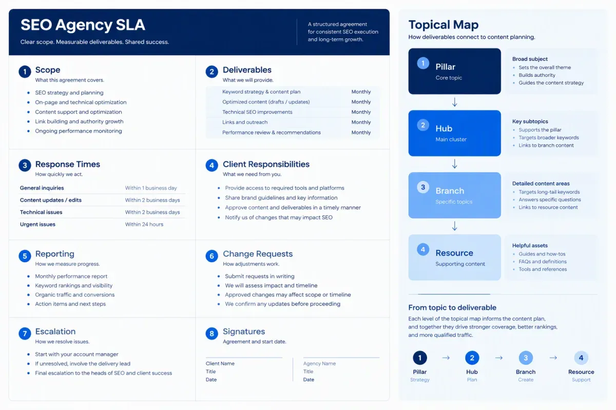 SEO agency SLA template with scope, deliverables, response times, and topical map fields