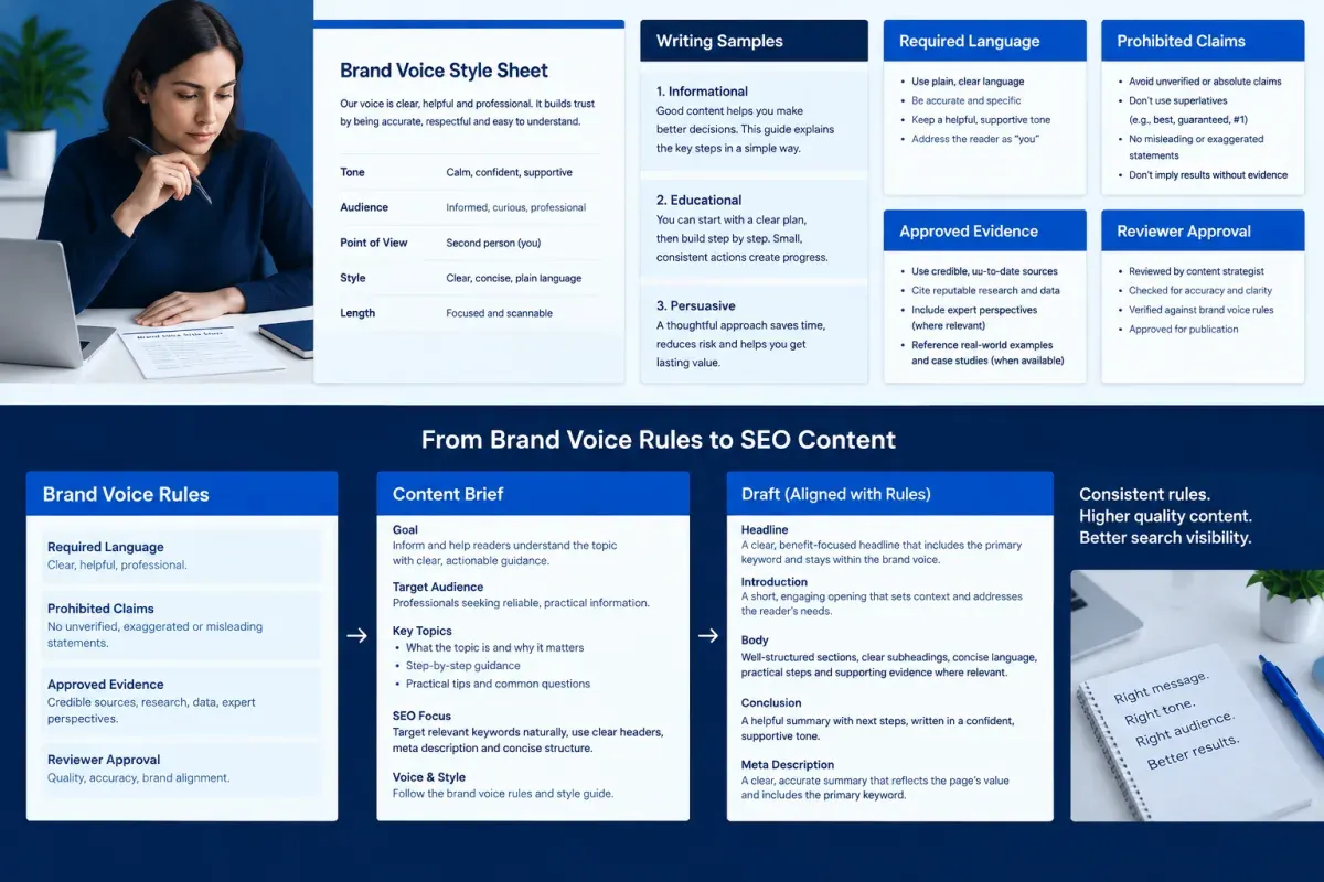SEO brand voice guidelines separating required language from prohibited claims