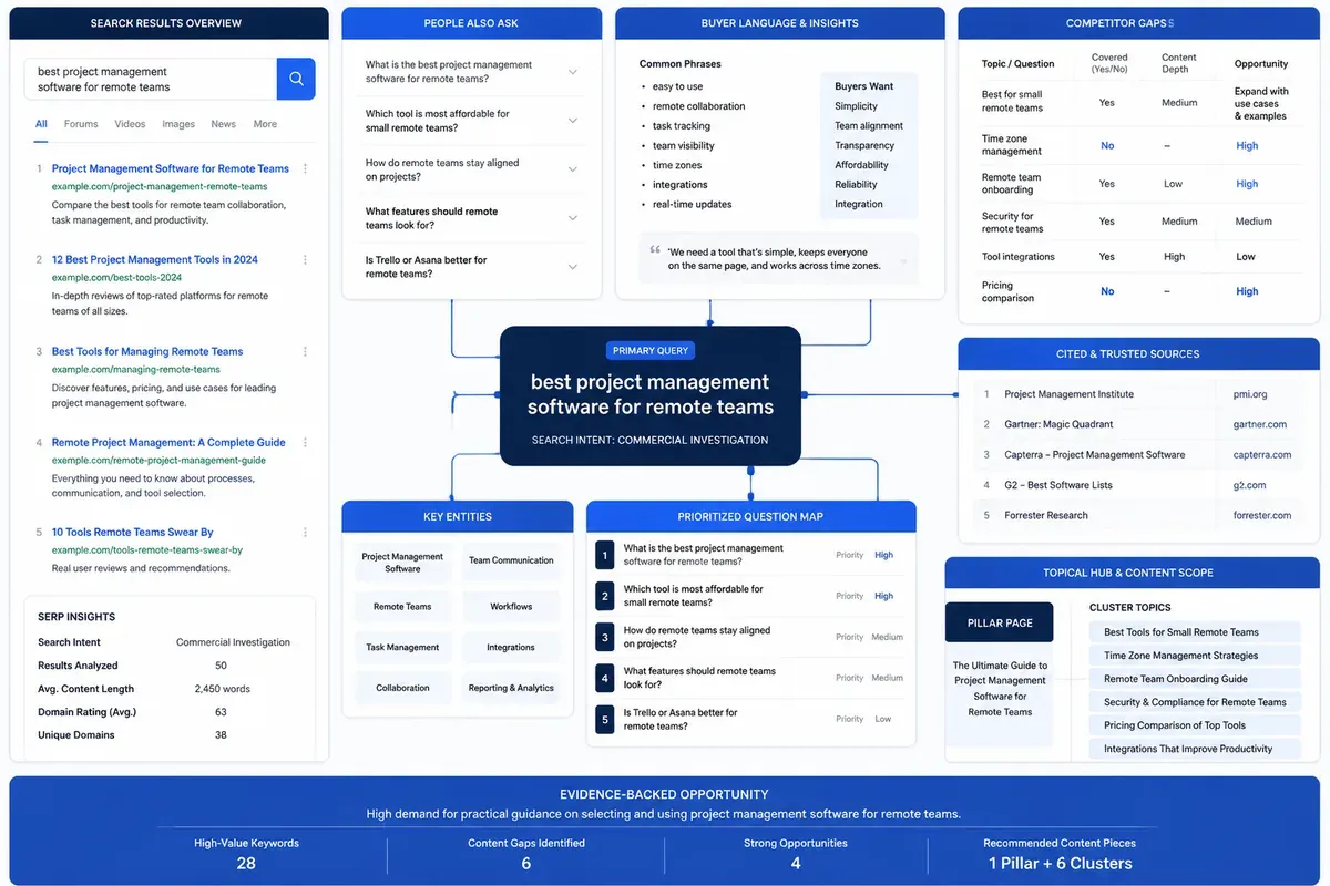 SEO, GEO, and AEO research map with SERP questions and evidence