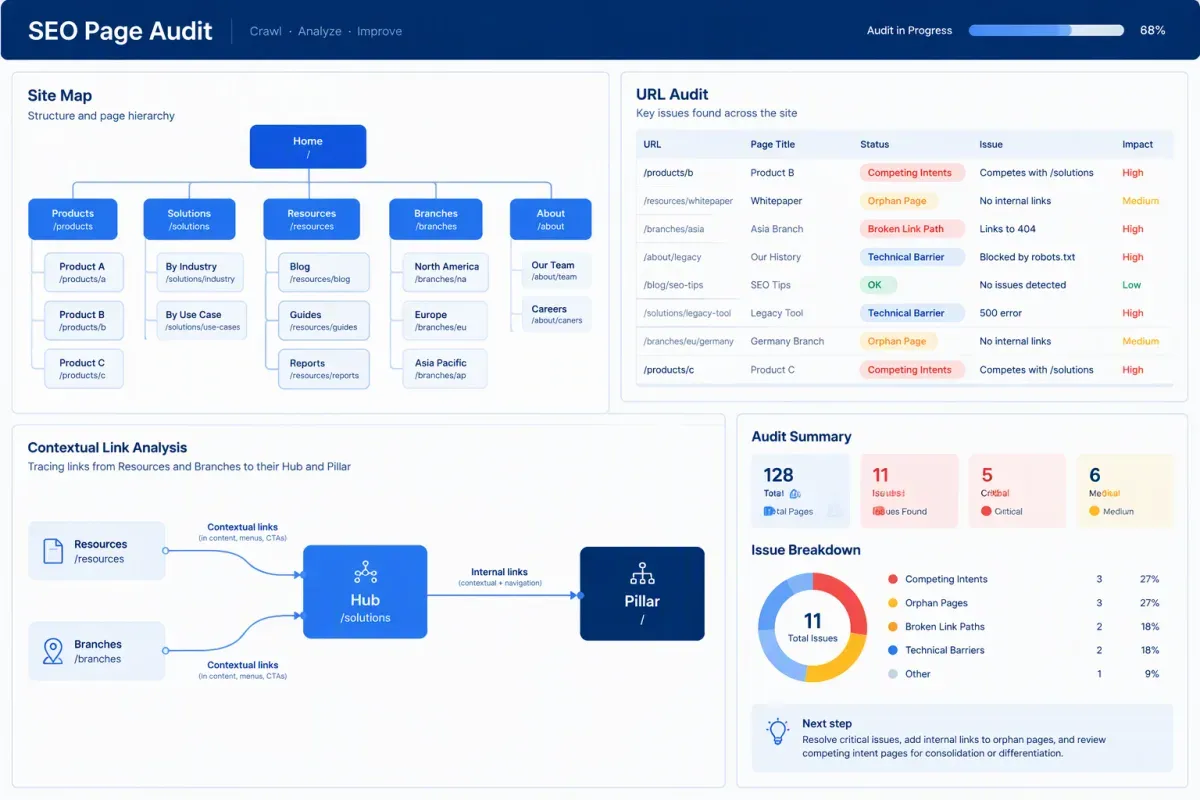SEO page audit identifying orphan pages, competing intents and broken topical hierarchy links