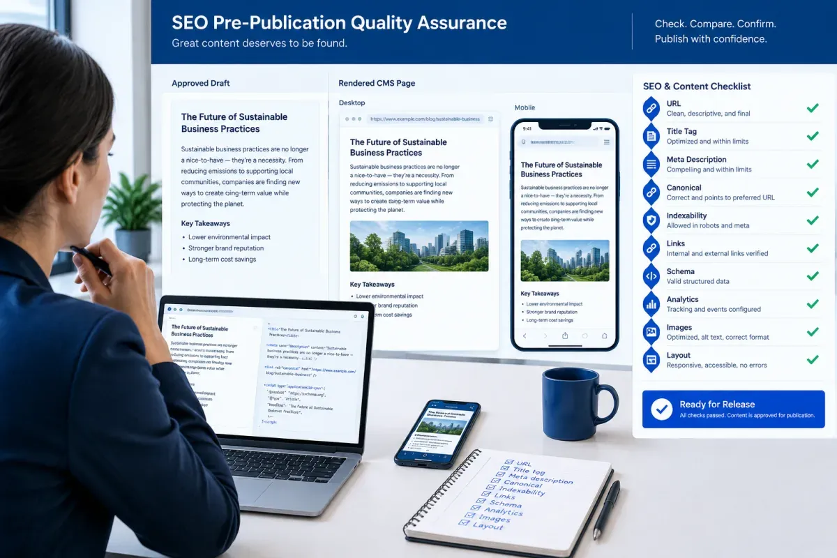 SEO publishing sign-off checklist verifying CMS page, canonical, metadata, links, and mobile layout
