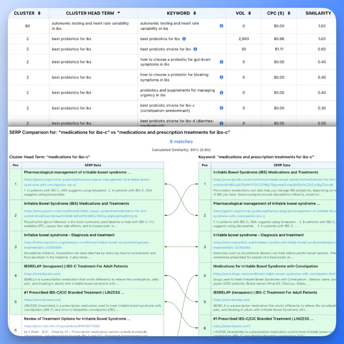 Floyi SERP Clustering report listing keywords by cluster head term with volume, CPC and similarity, above a side-by-side SERP comparison showing 8 matches and 80% similarity