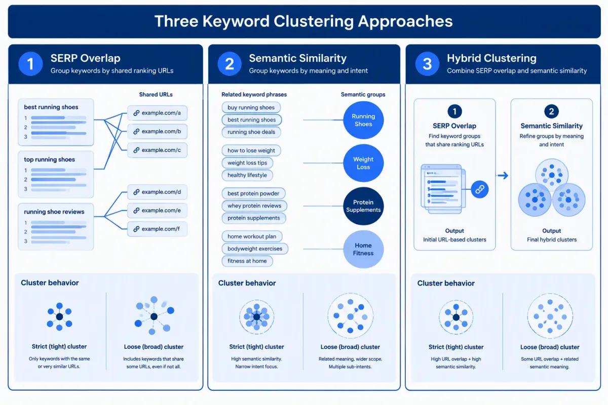 SERP keyword clustering infographic comparing URL overlap, semantic grouping and hybrid methods