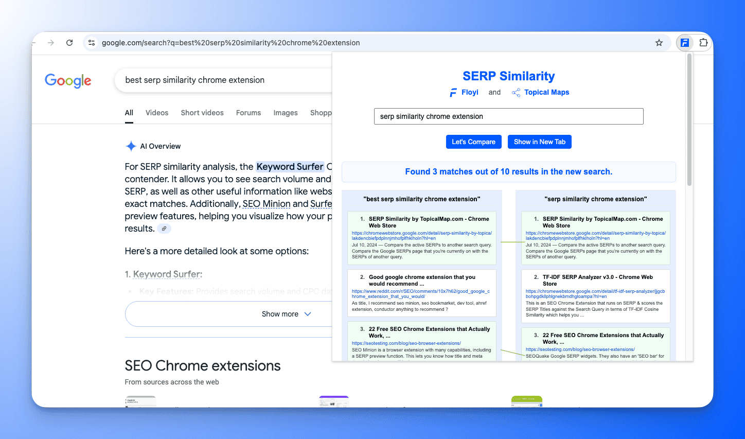 SERP Similarity highlighting overlapping URLs between two Google searches