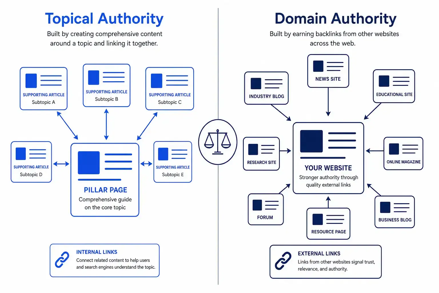 Split-screen infographic comparing topical authority and domain authority